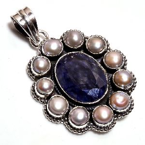 Corundum Sapphire Pearl Gemstone 925 Sterling Silver Pendant