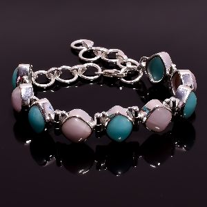 Pink Opal Amazonite Gemstone 925 Sterling Silver Bracelet
