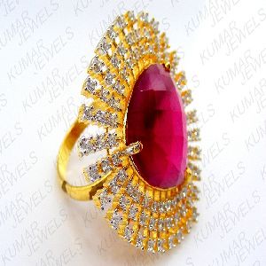 Big Chunky Diamond Gold Plated Look Fine CZ Ruby Stone Studded Party Finger Ring