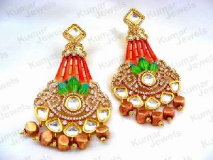 DESIGNED GOLD FINISH COLORED ENAMEL KUNDAN CUBIC ZIRCONS CARVED FASHION DANGLE EARRINGS