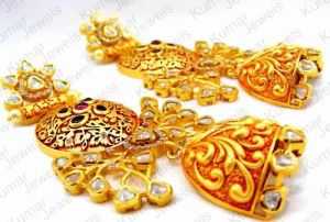 ETHNIC EMBOSSED GOLD FINISH CUBIC ZIRCONS KUNDAN CARVED WEDDING WEAR LONG DANGLE EARRINGS