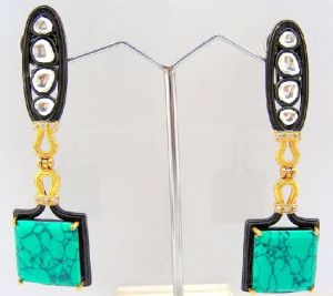 LONG MOGUL STYLE GOLD FINISH CRYSTAL KUNDAN BLACK ENAMEL TRIBAL LOOKING DANGLE EARRING