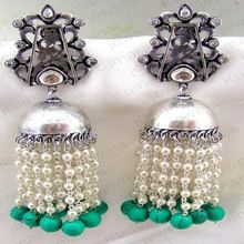 Long Oxidized German Silver Plated Pearl Green Turquoise Color Stone