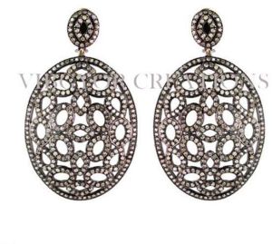 14k Gold Pave Diamond 92.5 Silver Flower Design Round Earrings Drop Jewelry