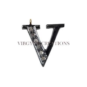 14K GOLD V TEXT ATTRACTIVE ALPHABET CHARM PENDANTS PAVE DIAMOND FINDING JEWELRY