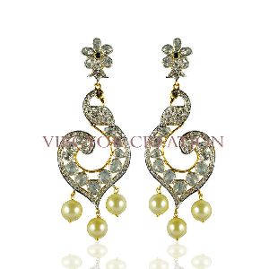 Bird Design Pave Rosecut Diamond Pearl Gemstone 14k Gold Silver Earring Jewelry