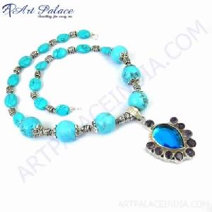 Blue Topaz Pendant With Turquoise Beads Necklace Jewelry