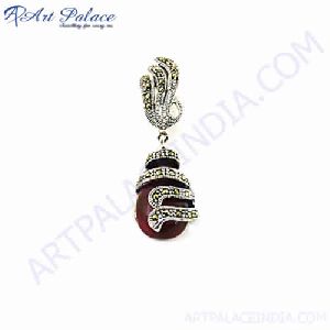 Celeb Style Marcasite and Red Onyx Silver Pendant