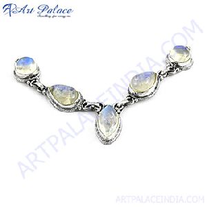 Semi Precious Rainbow Moonstone Gemstone Silver Necklace, Jewelry