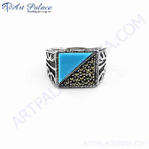 Square Shape Gun Metal and Synthetic Turquoise Silver Ring