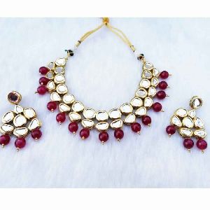 Real Meena Kundan Gold Plated Bridal Pearls Design Ethnic Zircon Necklace Jewelry set