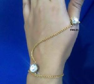 Kundan Stone With Golden Chain Hand Ring Bracelet