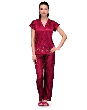 Go Glam Satin Embroidered Night Suit Set