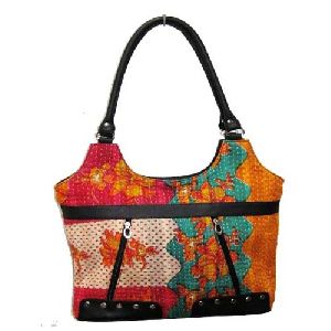 KANTHA FABRIC HAND BAG WITH LEATHER HANDLE