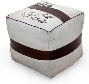 CANVAS SQUARE LEATHER POUF STOOL