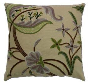 Green Cotton Crewel Wool Embroidered Cushion Cover