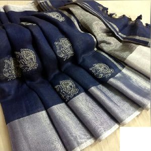 Handloom Pure Linen Embroidery sarees