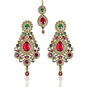 Austrian Stone Gold Plated Dangler Earrings With Maang Tikka