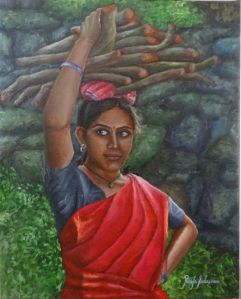 Girl carrying woodlog, Oil paintings