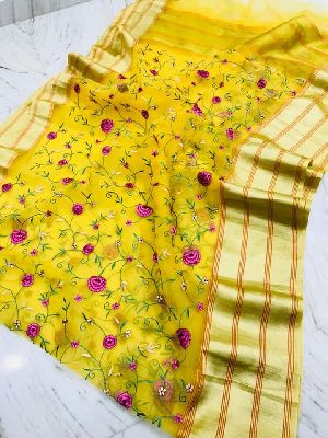 Organza Silk Embroidery Sarees with running blouse