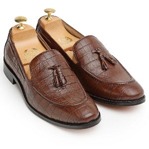 Pure Leather Croco Tassel Brown Slip Ons