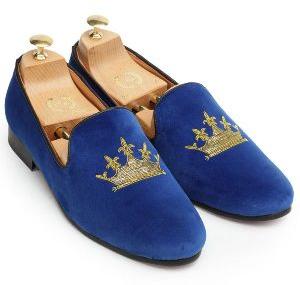 Handmade Zardozi Velvet Blue Slip Ons