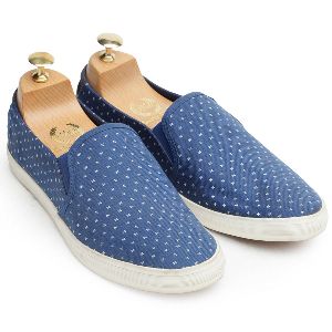 Faux Leather Self Print Canvas Blue Sneakers