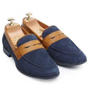 Suede Dual Penny Navy Tan Slip Ons