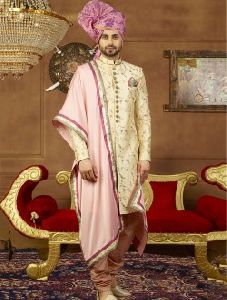 Cream Art Silk Wedding Wear Embroidery Work Sherwani