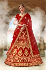 Red Velvet Wedding Wear Thread Work Lehenga Choli