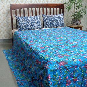 Bird Aqua Dark Hand Embroidered Screen Printed Kantha Quilt