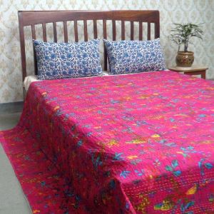 Bird Pink Hand Embroidered Screen Printed Kantha Quilt