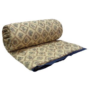 Hand Block Chokri Beige Printed Patchwork Twin Size Quilt