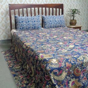 Mukut Blue Hand Embroidered Screen Printed Kantha Quilt