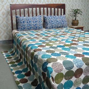 Polka Dot Aqua Sea Embroidered Screen Printed Kantha Quilt