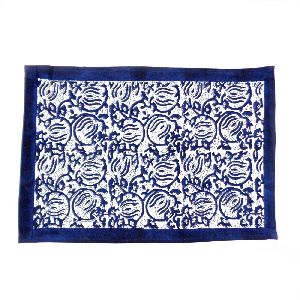 Two Lotus Blue Hand Block Printed Cotton Canvas Tablemat