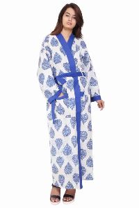 White with Blue Cotton Long Kimono Robe