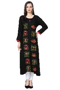 Embroidered A-line Rayon Black Kurti