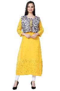 Chikankari Yellow Cotton Kurti with Koti