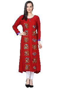 Embroidered A-line Rayon Red Kurti