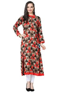 Angrakha Style Printed A-Line Rayon Red Kurti