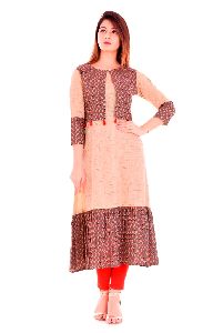 Beige & Brown Cotton Fringed A Line Kurti