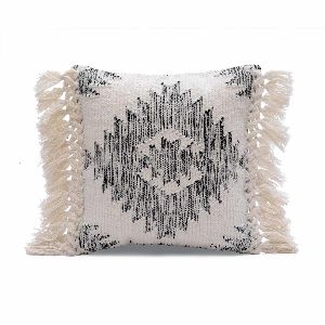White grey diamond design cushion cover with fringes