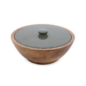 Wooden textured enamel bowl with lid