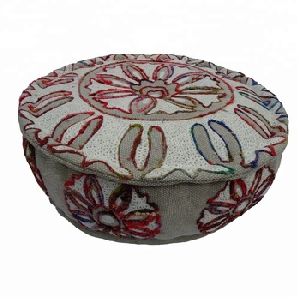 Indian Cotton Embroidered Decorative Foot Rest Pouffe Round Ottoman Pouf