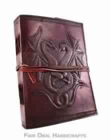 BROWN LEATHER WRITING NOTEBOOK WITH EMBOSSED DUAL DRAGONS