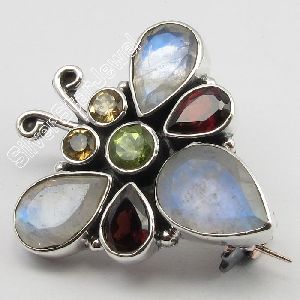 Silver Natural MULTISTONES BUTTERFLY STYLE BROACH BROOCH
