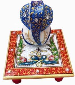 Natural Marble Colourful Painted Handicraft Chowki Ganesh Statue