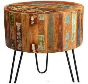 Round Reclaimed Teak Wood End Table with Hairpin Legs