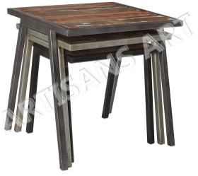 ANTIQUE RECLAIMED WOOD IRON NESTING TABLE SET OF THREE